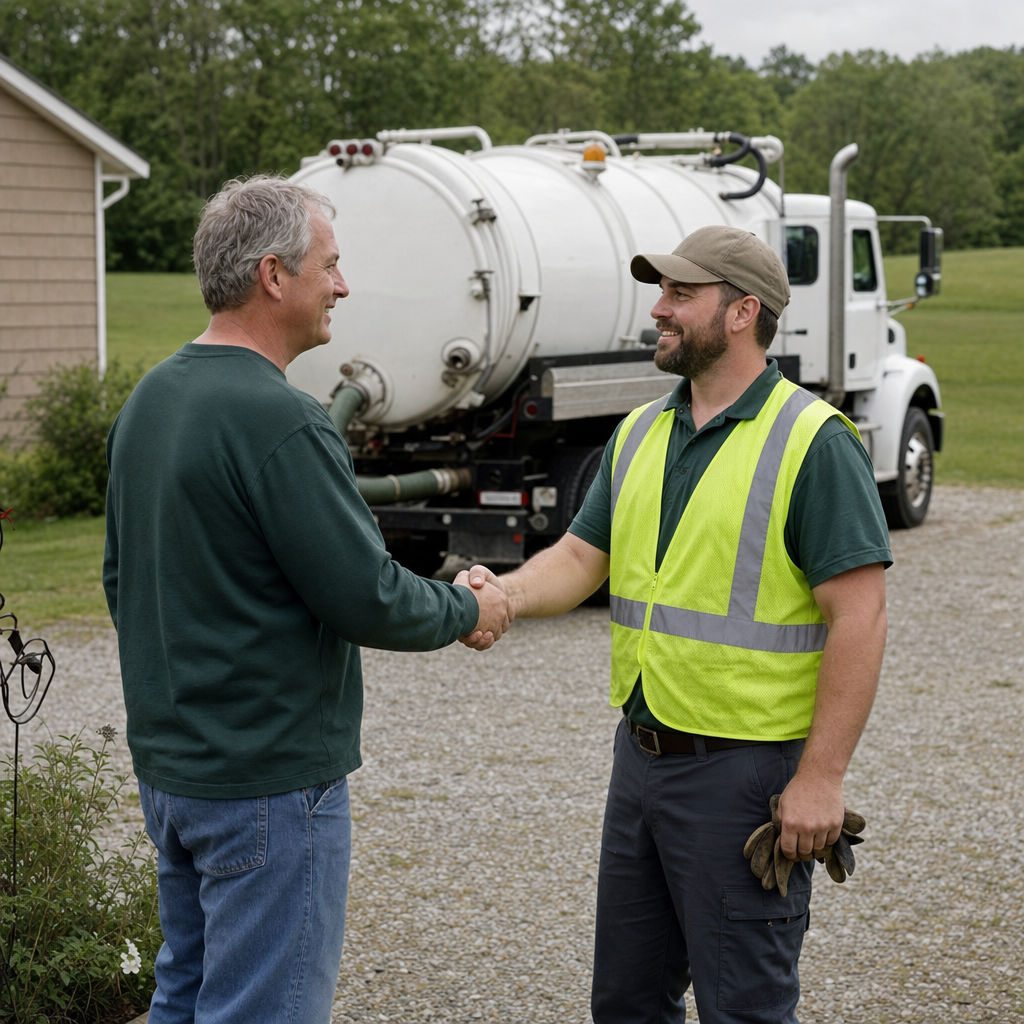 A septic technician shaking a Reno homeowner's hand beside the service truck after a completed pump-out