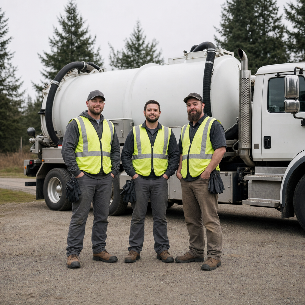 The Reno septic pumping crew standing together beside their clean white vacuum truck on a residential street