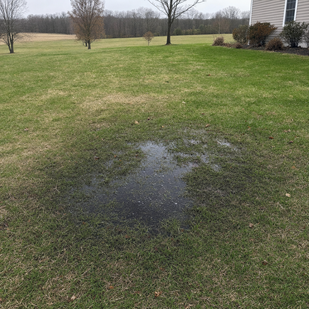A dark, saturated wet spot in a Reno backyard lawn marking a failing cesspool at capacity