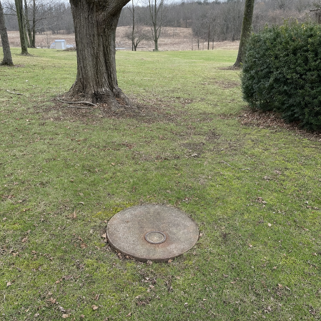 An older round cesspool access lid set flush in an established, mature Reno backyard lawn