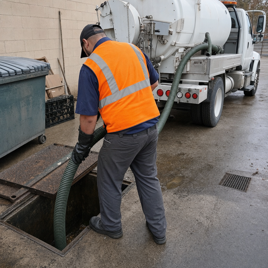 Technician pumping a grease trap behind a Reno restaurant
