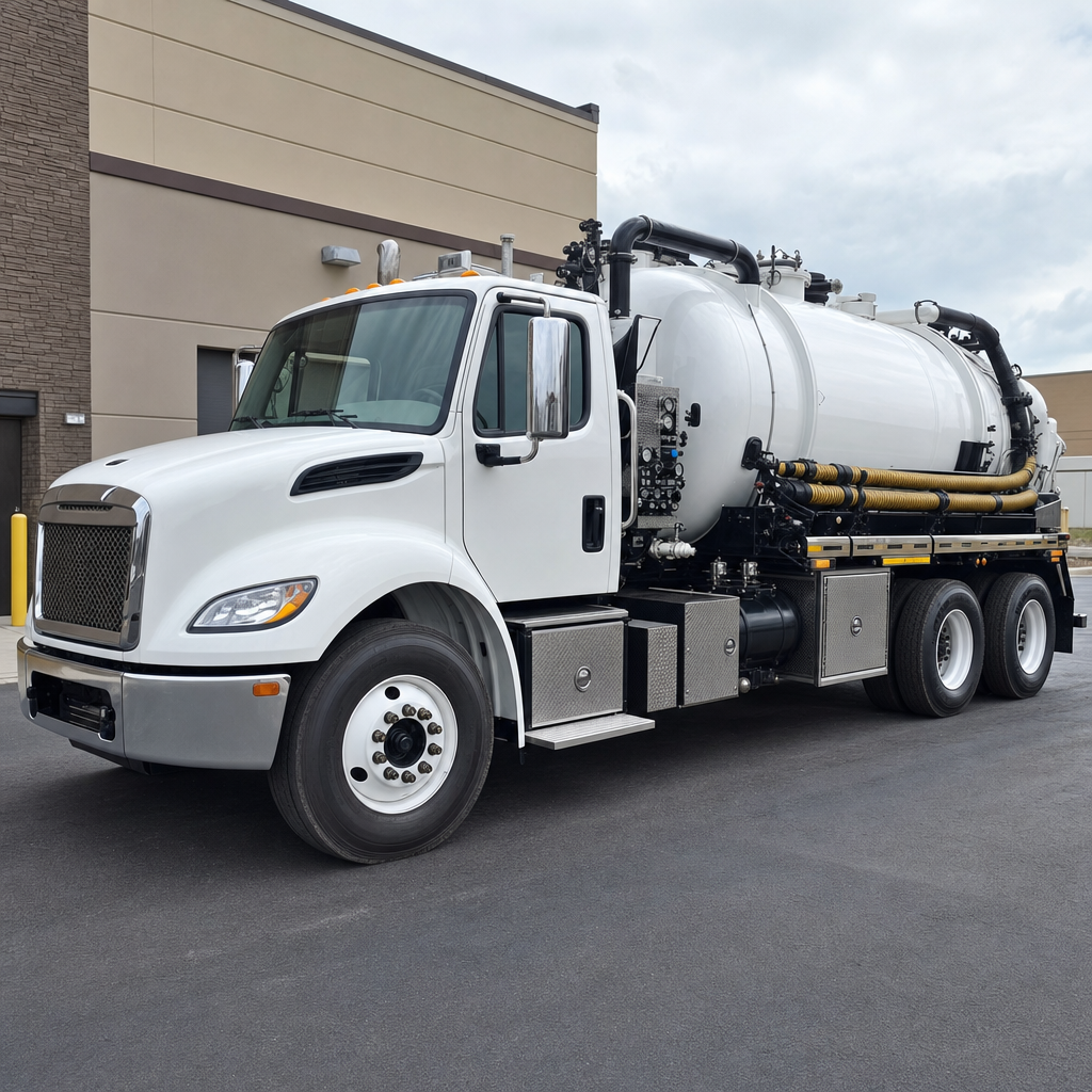 Commercial septic vacuum truck parked in a Reno business parking lot