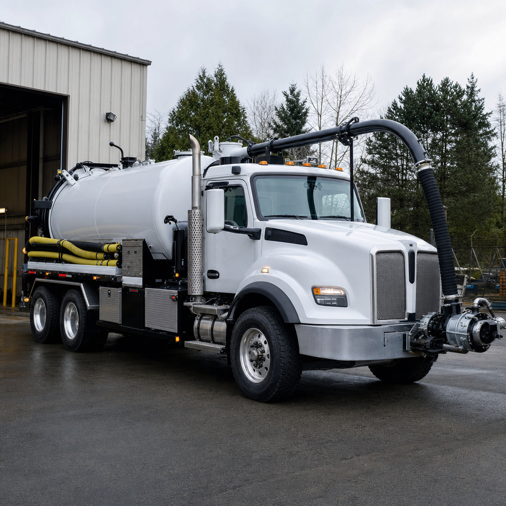 A clean white septic vacuum truck rolling out of a tidy Reno service depot at the start of the day