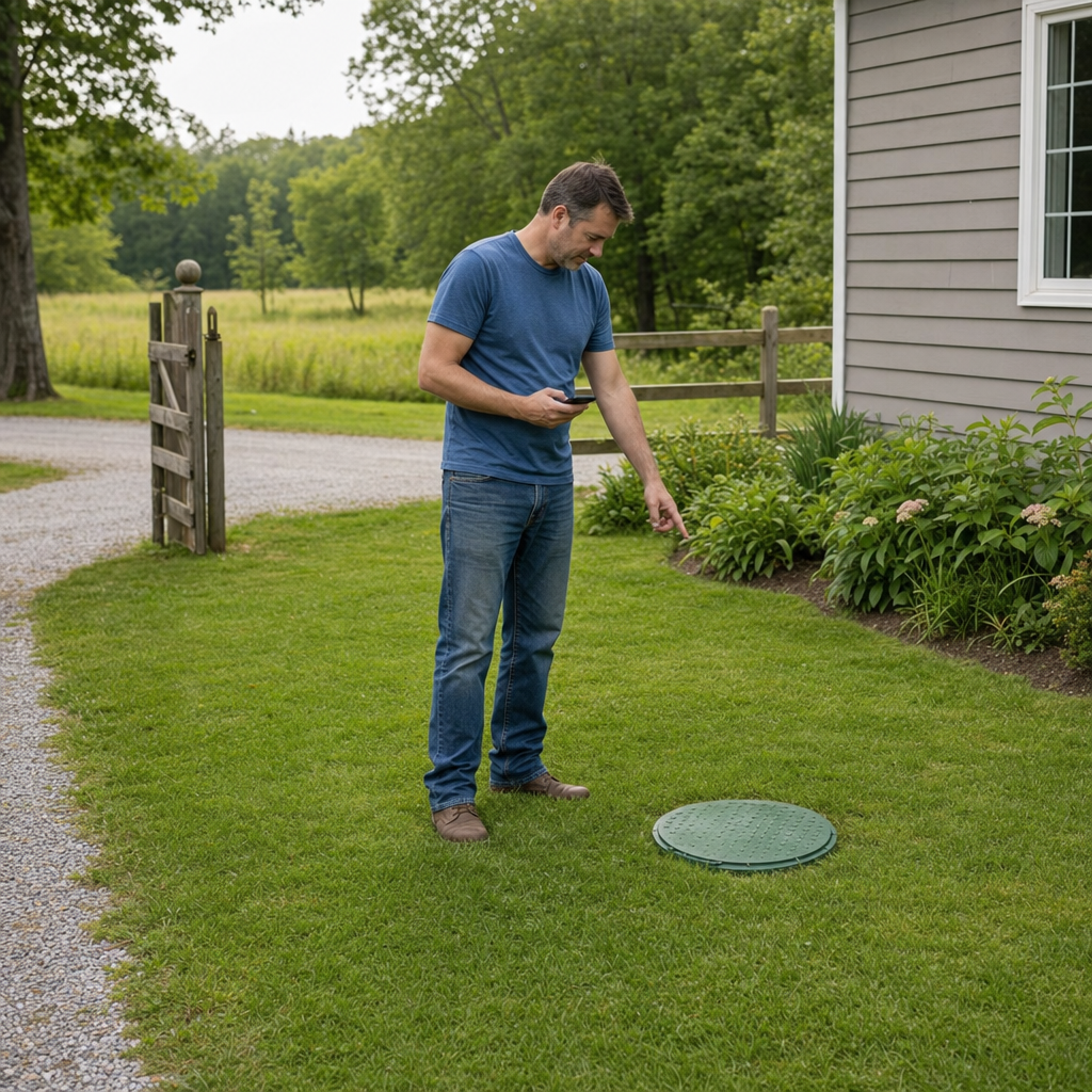 A Reno-area homeowner standing in the backyard noting where the septic tank lid and access route are located
