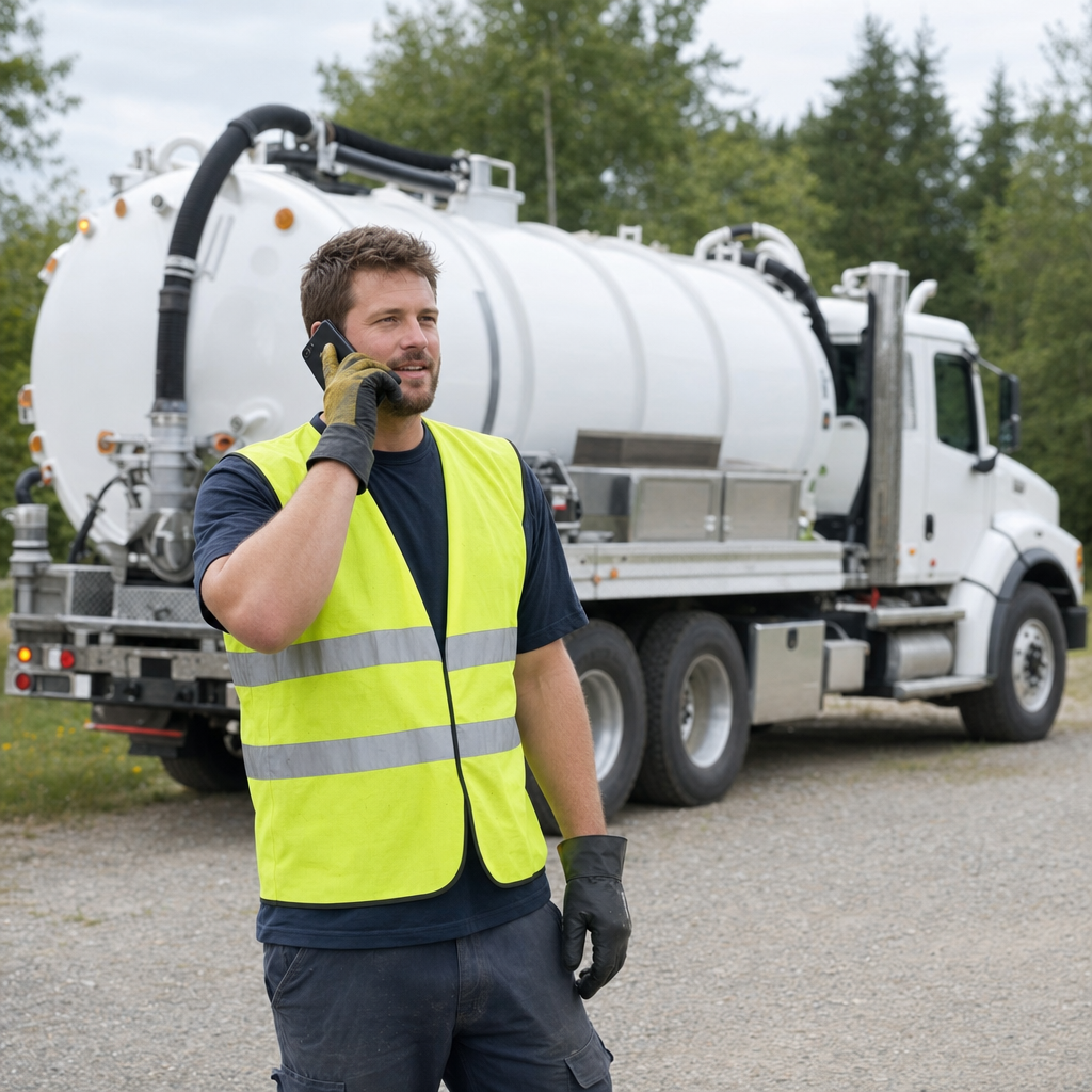 A friendly septic dispatcher holding a phone, ready to answer a Reno homeowner's call about a pump-out