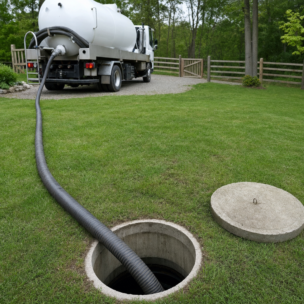 Suction hose connected to an open septic tank, drawing it down in a tidy Reno yard