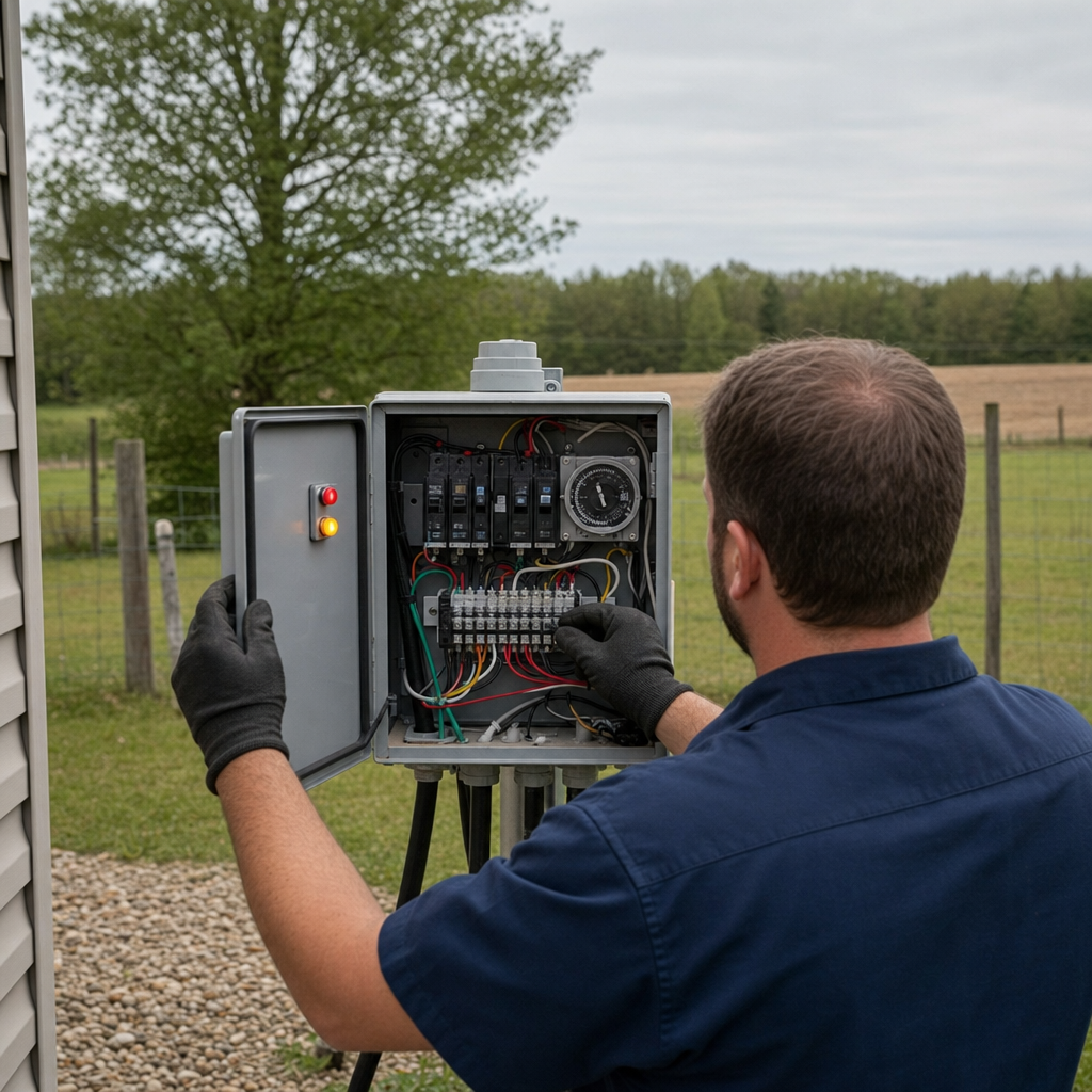 Technician checking an aerobic septic control box with a lit red high-water alarm during a same-day Reno visit