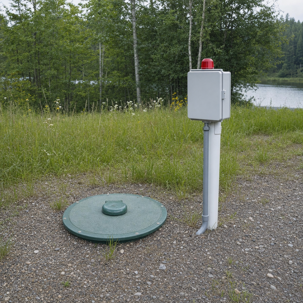 A wastewater holding tank access lid set in the ground at a rural Reno-area cabin, with a mounted high-level float alarm panel nearby