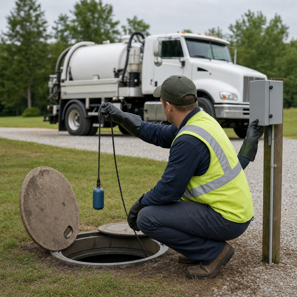 A septic technician in a high-visibility vest checking a high-level float switch and alarm panel on a holding tank at a rural Reno-area site