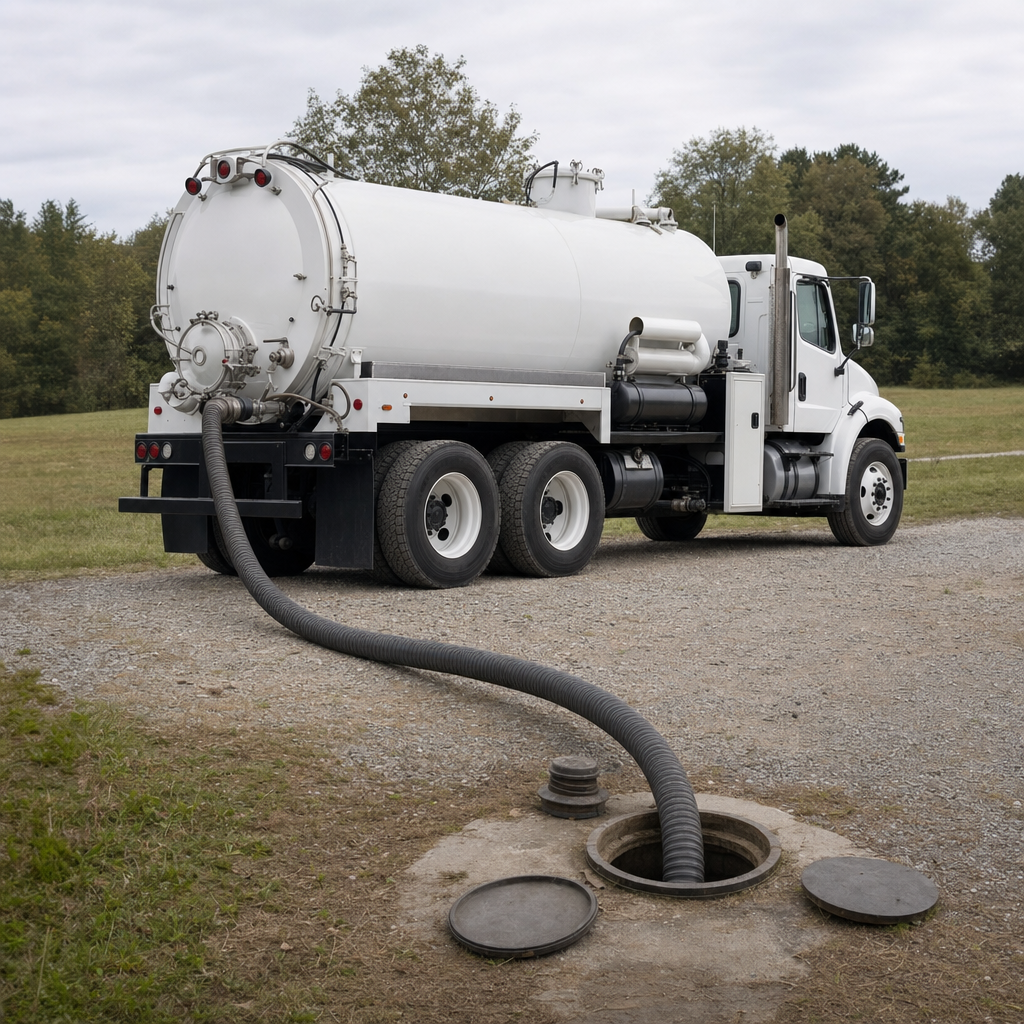 An unmarked white vacuum truck emptying a wastewater holding tank on a scheduled visit at a rural Reno-area property, thick suction hose running to the tank lid