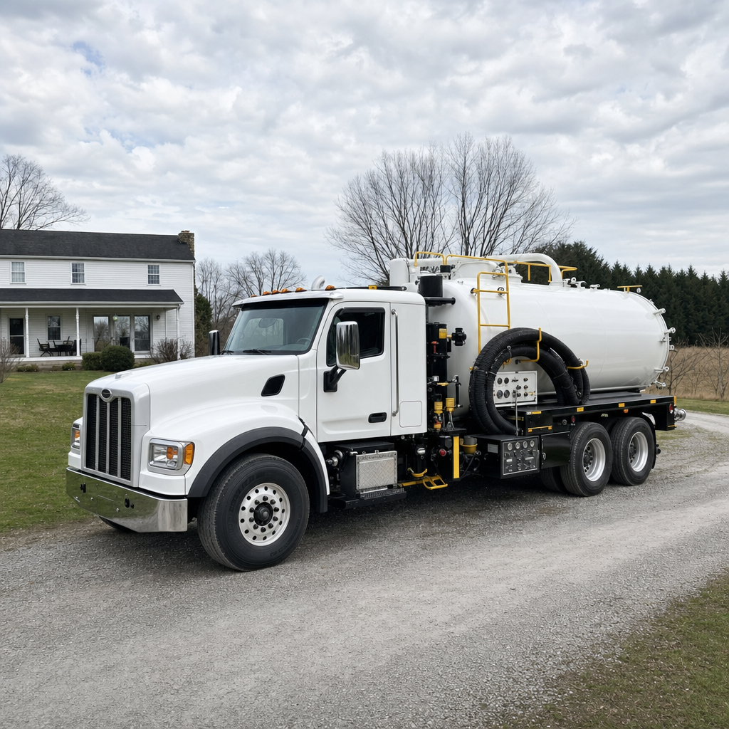 A clean white septic vacuum truck parked on a tidy Reno driveway with the suction hose neatly coiled