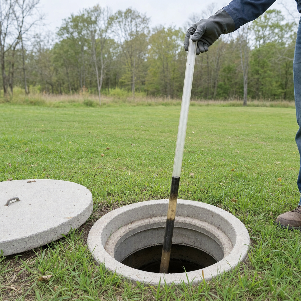 A septic sludge-judge measuring stick lowered into an open Reno septic tank to read the depth of the sludge and scum layers before deciding whether a pump-out is due