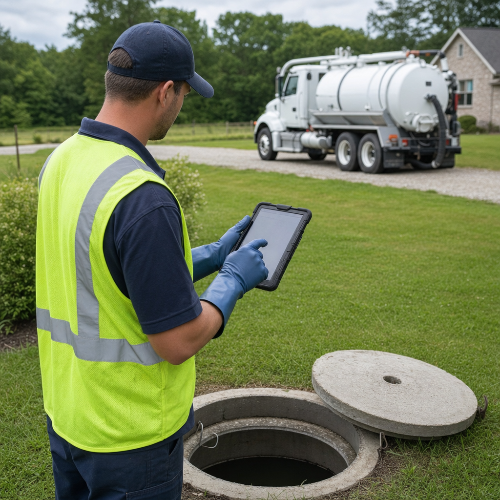 A septic technician recording a Reno home's pump-out date and tank condition on a tablet beside an open access lid, tracking the service history that sets the next due date