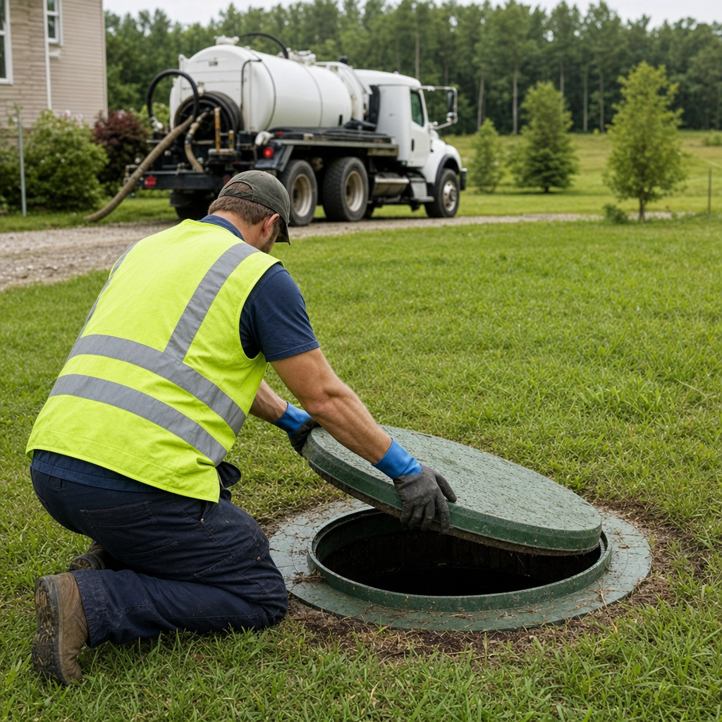 Septic technician kneeling on a Reno lawn, lifting the access lid on a residential septic tank