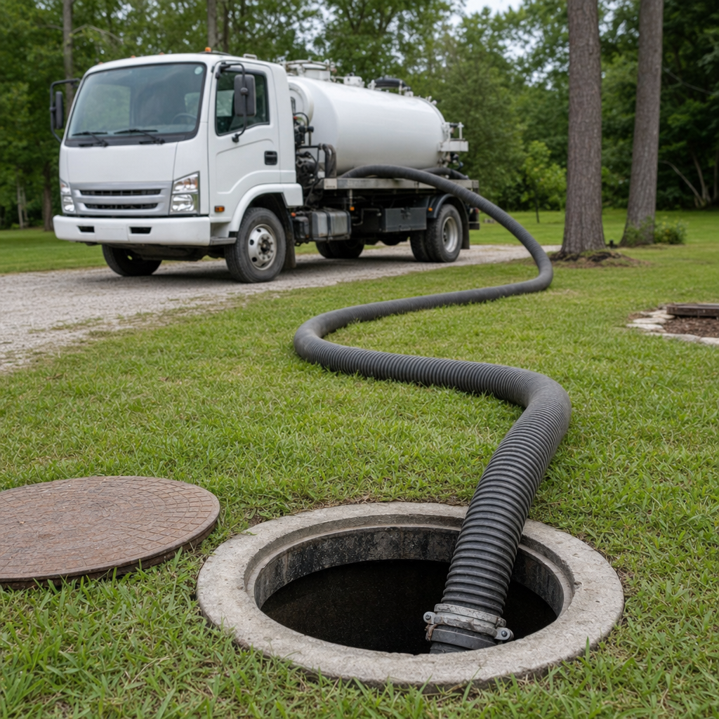 Thick ribbed suction hose lowered into a clean open septic tank port on a tidy Reno backyard lawn
