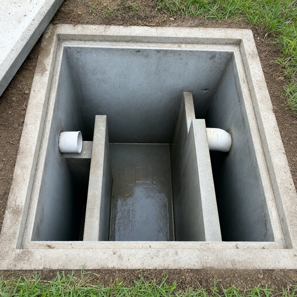 Inspection of the concrete baffles inside an open, emptied and freshly cleaned Reno septic tank