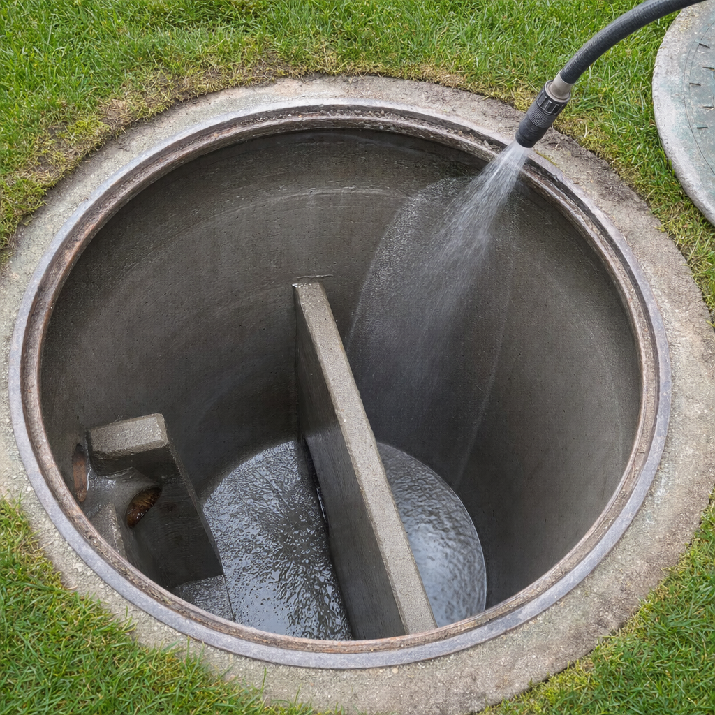 Interior concrete walls of an emptied Reno septic tank being rinsed clean with the truck's onboard water hose