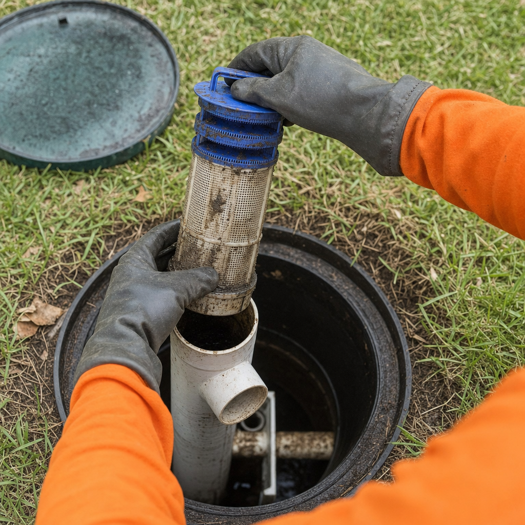 Septic technician's gloved hands lifting the effluent filter cartridge out of the outlet housing on a Reno septic tank