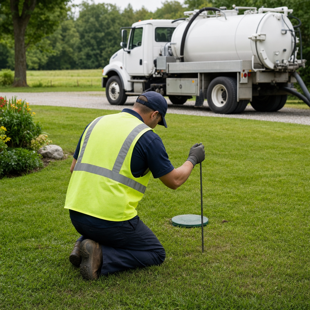 Septic technician kneeling on a Reno lawn, probing to locate and measure the depth of a buried septic tank lid before pumping