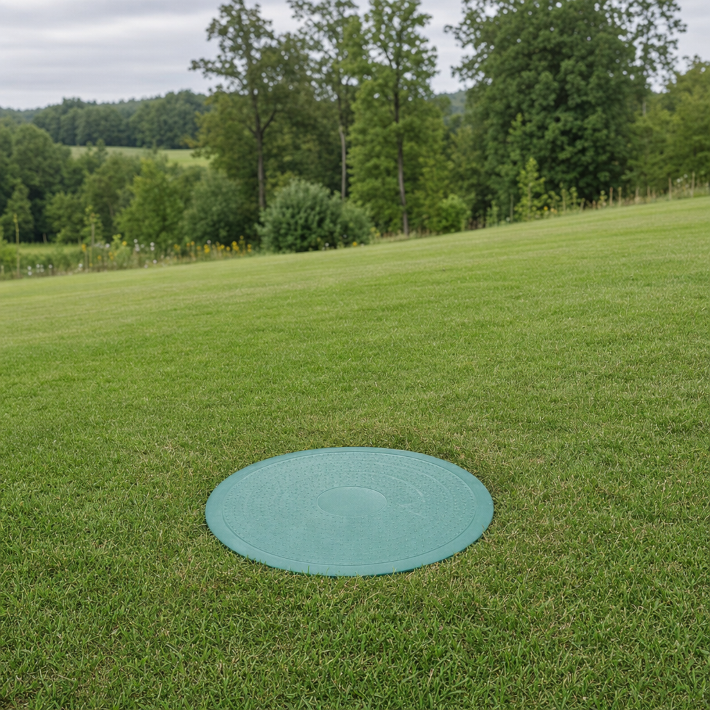 A newly installed septic riser bringing the tank lid up flush to grade in a Reno yard for easy future access