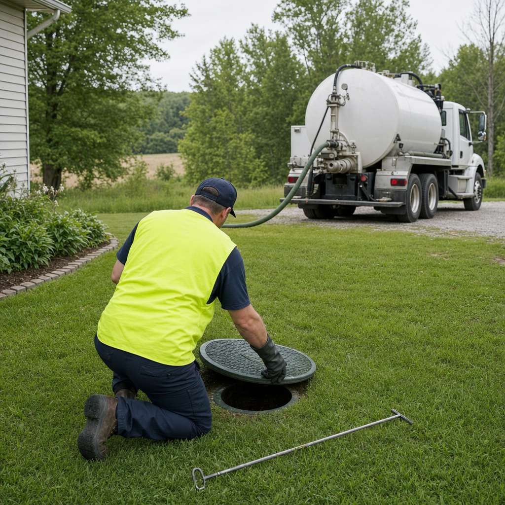 Septic technician kneeling on a Reno lawn, lifting the buried access lid on a residential septic tank