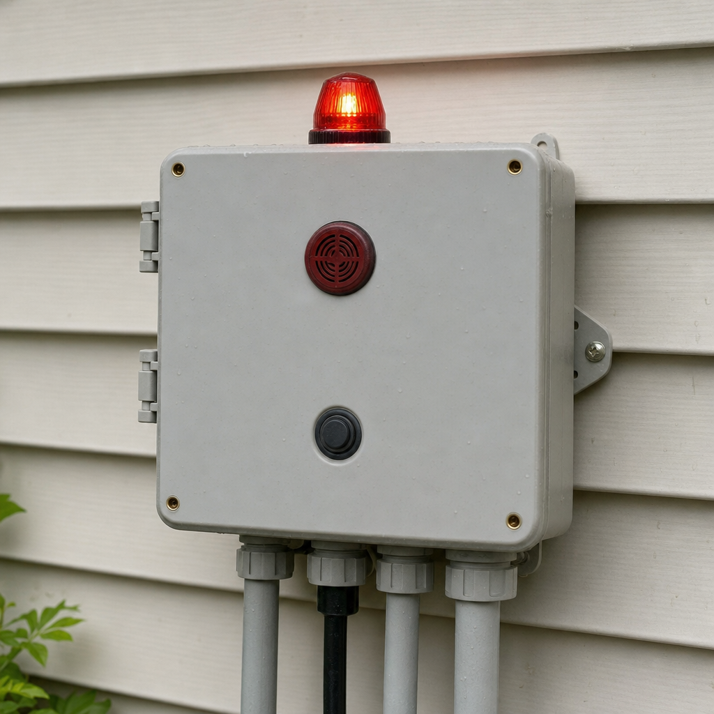 An aerobic septic system control panel mounted outside a Reno home with its red high-water alarm light lit