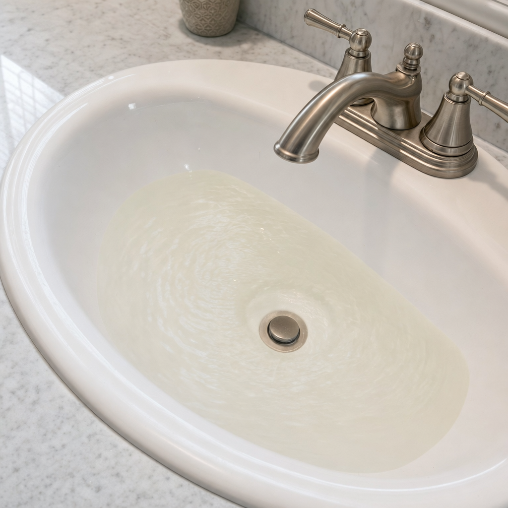 A bathroom sink draining slowly with water pooled in the basin, an early warning sign that a Reno septic tank is full